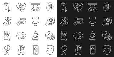 Set line Comedy theatrical mask Psychology Psi Pendulum Solution to problem Broken heart or divorce Sedative pills and Armchair icon. Vector.