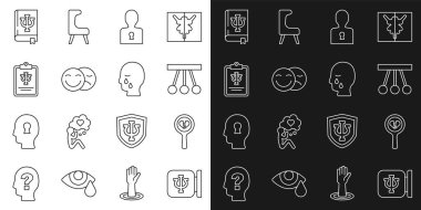 Set line Psychology Psi Broken heart or divorce Pendulum Solution to the problem Comedy and tragedy masks book and Man graves funeral sorrow icon. Vector.
