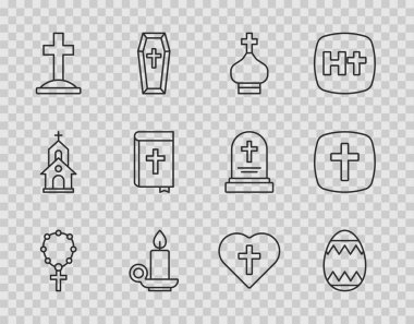 Set line Rosary beads religion Easter egg Christian church tower Burning candle in candlestick Grave with cross Holy bible book heart and icon. Vector.
