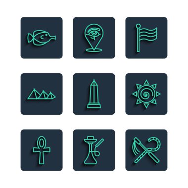 Set line Cross ankh Hookah Crook and flail Flag Of Egypt Obelisk of Alexandria pyramids Butterfly fish and Sun icon. Vector.