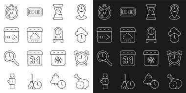 Set line Food time Alarm clock Clock Old hourglass Calendar autumn Time flies on the Stopwatch and Antique icon. Vector.