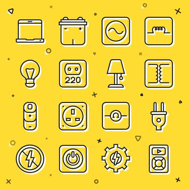 Set line Music player Electric plug Electrical transformer AC voltage source outlet Creative lamp light idea Laptop and Table icon. Vector.