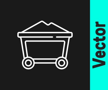 White line Mine coal trolley icon isolated on black background. Vector.
