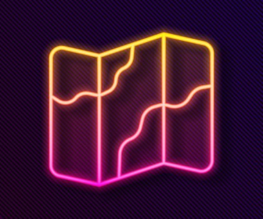 Glowing neon line Camping and hiking on map icon isolated on black background. Vector.