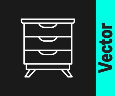 Beyaz çizgi mobilya komodininin simgesi siyah arkaplanda izole edildi. Vektör.