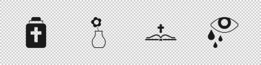 Set Funeral urn, Flower in vase, Holy bible book and Tear cry eye icon. Vector.