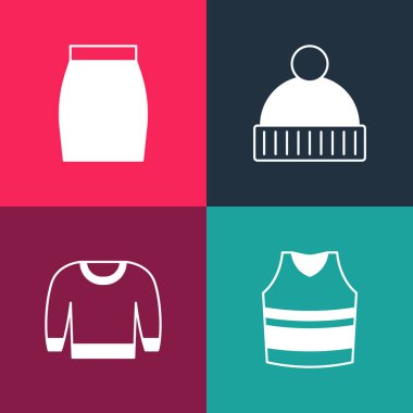 Set pop art Undershirt Sweater Beanie hat and Skirt icon. Vector.