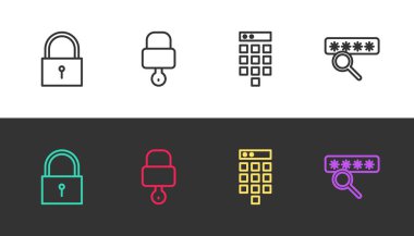 Set line Lock, and key, Password protection and on black and white. Vector.