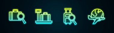 Set line Lost baggage, Scale with suitcase, and Globe flying plane. Glowing neon icon. Vector.