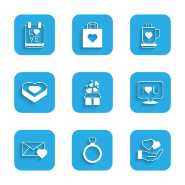 Set Gift box with hearts Wedding rings Heart hand Speech bubble text I love you Envelope Valentine Candy shaped Coffee cup and Calendar February 14 icon. Vector.