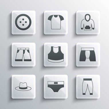 Set Men underpants Pants Female crop top Man hat Short or Sewing button for clothes and Hoodie icon. Vector.