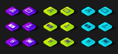 Set Photo camera flash Camera film roll cartridge Movie clapper Tripod frame and icon. Vector.