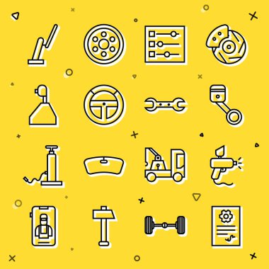 Set line Auto service check automotive Paint spray gun Engine piston Car settings Steering wheel Gear shifter Windscreen wiper and Wrench spanner icon. Vector.