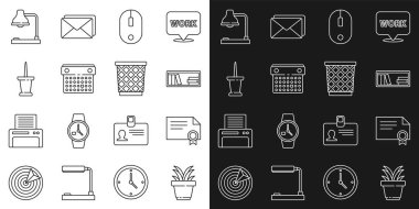 Set line Plant in pot Certificate template Shelf with books Computer mouse Calendar Push pin Table lamp and Trash can icon. Vector.