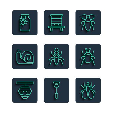 Set line Hive for bees Fly swatter Insect fly Cockroach Ant Snail Spider in jar and Beetle bug icon. Vector.