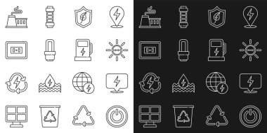 Set line Power button Lightning bolt Solar energy panel Shield with leaf LED light bulb Electrical outlet Factory and car charging station icon. Vector.