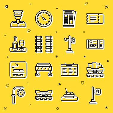 Set line Cafe and restaurant location Cargo train wagon Train ticket News Railway railroad track Wine bottle with glass conductor and traffic light icon. Vector.