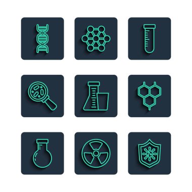 Set line Test tube and flask Radioactive Shield protecting from virus Microorganisms under magnifier DNA symbol and Chemical formula icon. Vector.