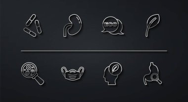 Set line Virus Microorganisms under magnifier Leaf leaves Human head with leaf inside Medical protective mask kidney Stomach magnifying glass and Label for eco healthy food icon. Vector.