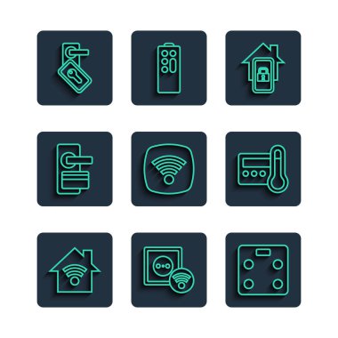 Set line Smart home with wi-fi electrical outlet bathroom scales Mobile smart Wi-Fi wireless internet network Digital door lock and Thermostat icon. Vector.