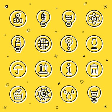 Set line Temperature wash Trash can Fragile broken glass Delicate Social network Lactose free Leaf Eco symbol and Unknown search icon. Vector.