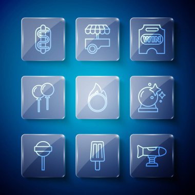 Set line Lollipop Ice cream Swing plane Circus ticket fire hoop Balloons with ribbon Hotdog sandwich and Magic ball icon. Vector.