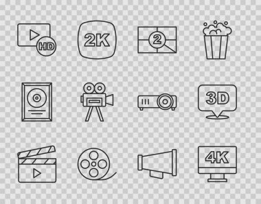 Set line Movie clapper Screen tv with 4k Old film movie countdown frame Film reel Hd movie tape Retro cinema camera Megaphone and 3D word icon. Vector.
