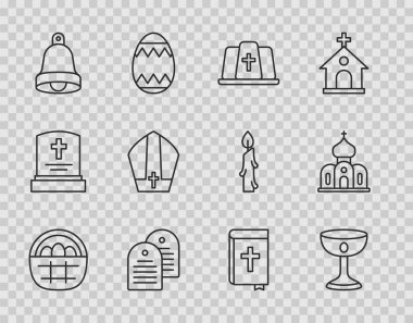 Set line Basket with easter eggs Christian chalice Pope hat Holy bible book Church bell and building icon. Vector.