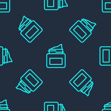 Yeşil çizgi kremi ya da losyon kozmetik kavanozu ikonu mavi arka planda izole edilmiş pürüzsüz desen. Erkekler için vücut bakım ürünleri. Vektör.