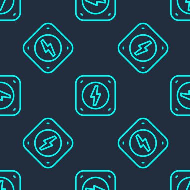 Yeşil çizgi Şimşek simgesi mavi arka planda izole edilmiş pürüzsüz desen. Flaş işareti. Flaş ikonunu yükle. Gök gürültüsü. Yıldırım çarpması. Vektör.