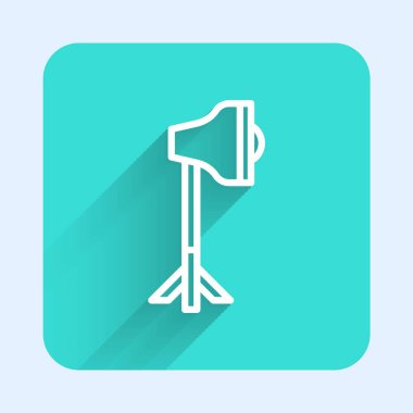 White line Studio light bulb in softbox icon isolated with long shadow background. Shadow reflection design. Green square button. Vector.