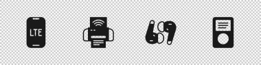 Set LTE network Smart printer system Air headphones and Music player icon. Vector.