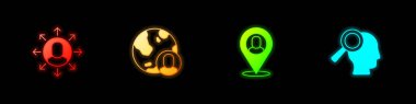 Set Multitasking manager working Globe and people Worker location and Magnifying glass for search job icon. Vector.