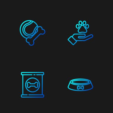 Set line Pet food bowl, Canned, toys bone rubber and ball and Hands with animals footprint. Gradient color icons. Vector.