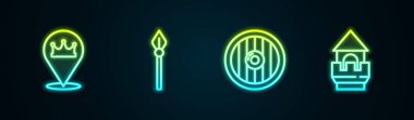Set line Location king crown, Medieval spear, Round wooden shield and Castle tower. Glowing neon icon. Vector.