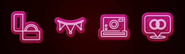Set line Diamond engagement ring, Carnival garland with flags, Photo camera and Wedding rings. Glowing neon icon. Vector.