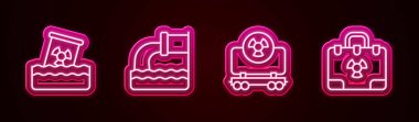 Set line Radioactive waste in barrel, Wastewater, cargo train and Radiation nuclear suitcase. Glowing neon icon. Vector.