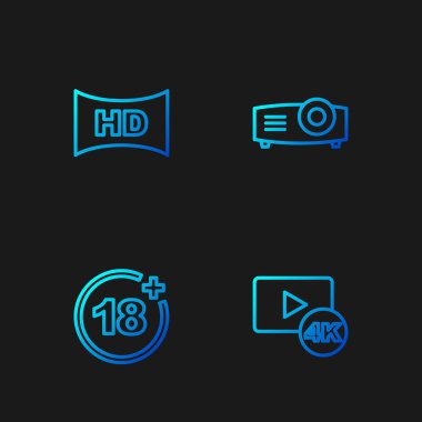 Set line Screen tv with 4k Plus 18 movie Hd movie tape frame and Movie film media projector. Gradient color icons. Vector.