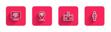 Set line Eye of Horus Egyptian house and mummy with long shadow. Red square button. Vector.