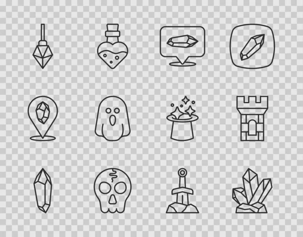 Set Line Magic Stone Skull Ghost Sword Castle Tower Icon — Stockvector