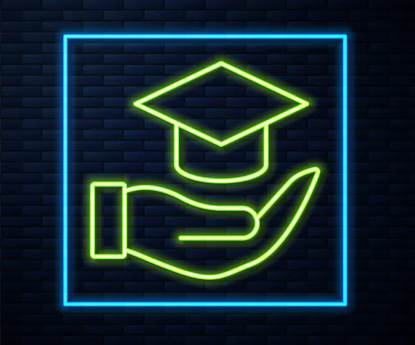 Glowing Neon Line Education Grant Icon Isolated Brick Wall Background — Archivo Imágenes Vectoriales