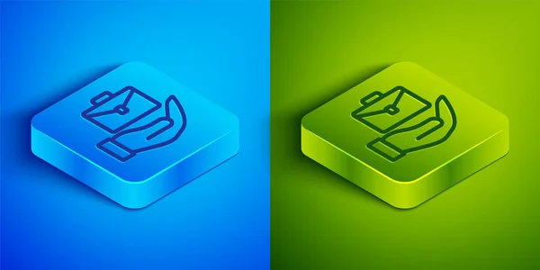 Isometric Line Hand Holding Briefcase Icon Isolated Blue Green Background — Image vectorielle