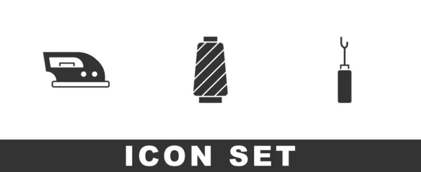 Set Electric Iron Sewing Thread Spool Awl Tool Icon Vector — Vetor de Stock