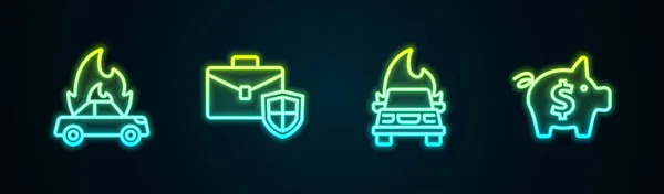Set Line Burning Car Briefcase Shield Piggy Bank Glowing Neon — Vetor de Stock