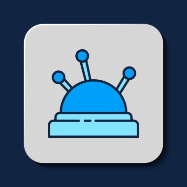 Mavi arka planda izole edilmiş iğne ve iğne ikonu ana hatlarıyla dolu. El yapımı ve dikiş teması. Vektör.