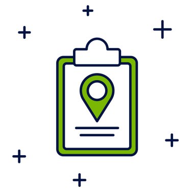 Beyaz arkaplanda izole edilmiş konum imleci simgesiyle doldurulmuş ana hat haritası. Vektör.