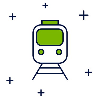 Tren ve demiryolu ikonu beyaz arka planda izole edildi. Toplu taşıma sembolü. Metro treni nakliyesi. Metro yeraltı. Vektör.