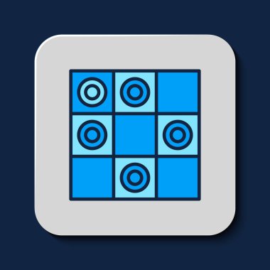 Mavi arkaplanda izole edilmiş taslak Tahta dama simgesi oyunu. Antik entelektüel masa oyunu. Satranç tahtası. Beyaz ve siyah cipsler. Vektör.