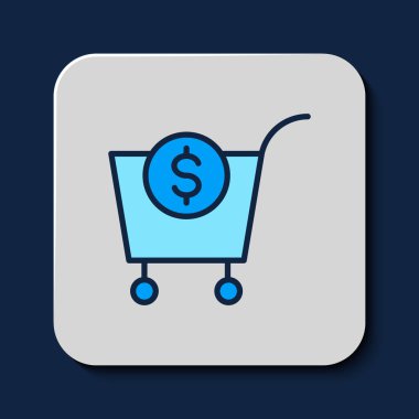 Filled outline Shopping cart and dollar symbol icon isolated on blue background. Online buying concept. Delivery service. Supermarket basket. Vector.