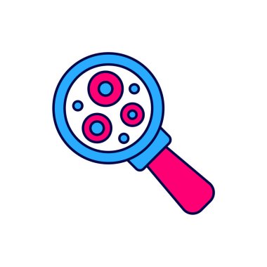 Beyaz arkaplanda izole edilmiş büyüteç simgesi altındaki ana hatlı mikroorganizmalar. Bakteri ve mikroplar, hücre kanseri, mikrop, virüs, mantar. Vektör.